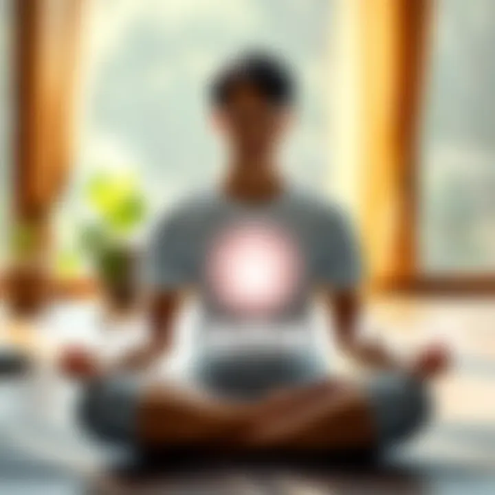 A person sitting cross-legged in a peaceful environment, focusing on their breath while meditating.