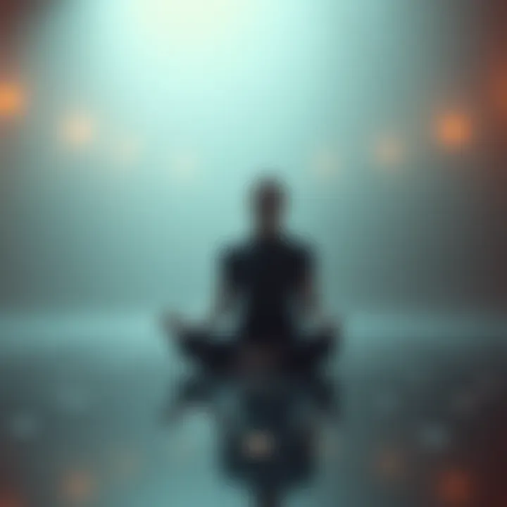 A person meditating in a serene environment, surrounded by soft light and abstract shapes, representing the Void state.