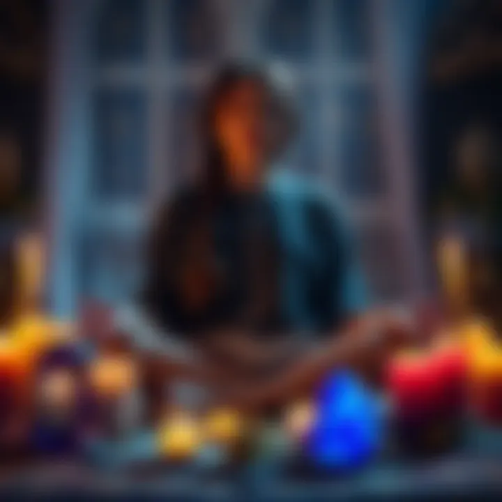 A person sits cross-legged, surrounded by candles and crystals, looking peaceful while seeking spells for a better life