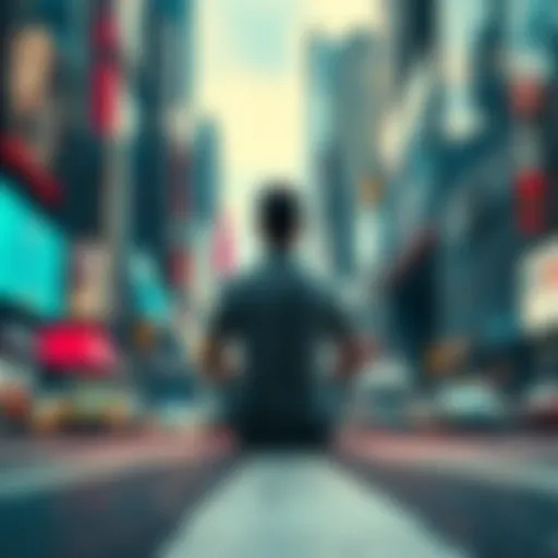 A person sitting cross-legged in a meditative pose surrounded by a bustling urban environment, symbolizing the search for clarity amidst chaos.