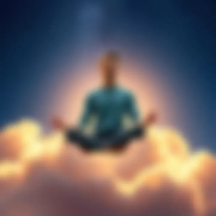 Person Meditating on a Cloud A person sitting cross-legged on a fluffy cloud with a serene expression, surrounded by a starry night sky, symbolizing astral projection.