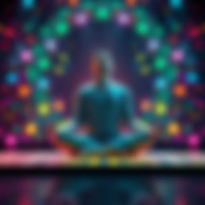 Individual sitting cross-legged with closed eyes, surrounded by vibrant lights and patterns, representing a shift in consciousness