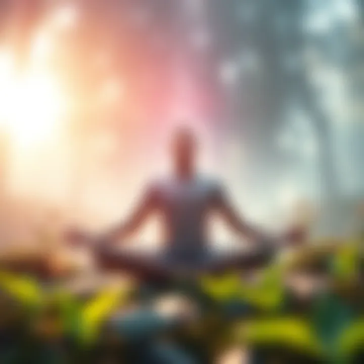 Individual sitting cross-legged, surrounded by soothing nature and light, practicing mindfulness to cope with intrusive thoughts