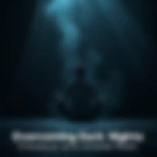 Individual sitting cross-legged in a dimly lit room, looking peaceful yet troubled, surrounded by shadowy thoughts