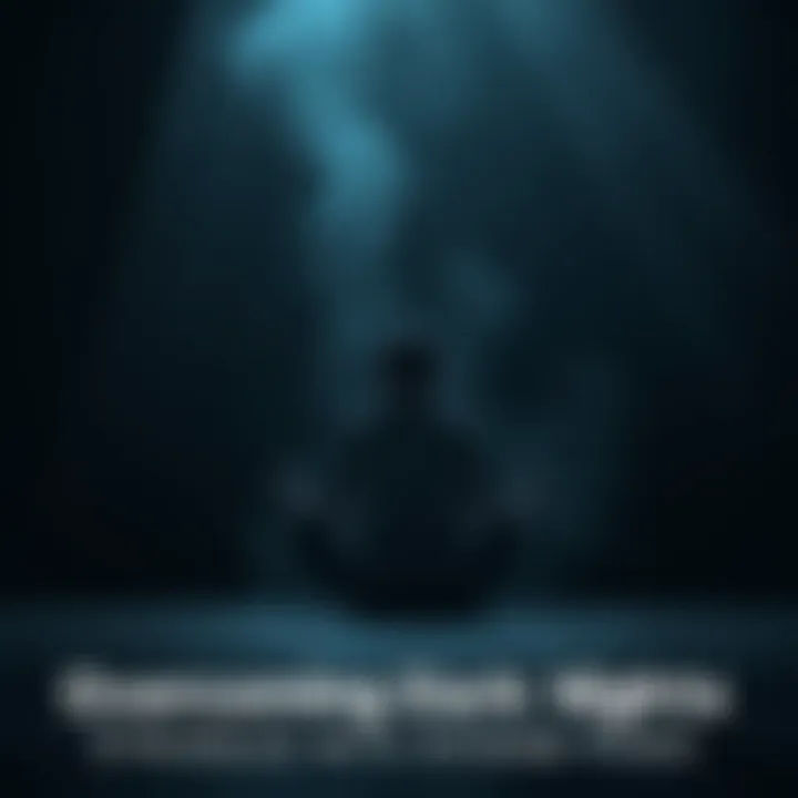 Individual sitting cross-legged in a dimly lit room, looking peaceful yet troubled, surrounded by shadowy thoughts