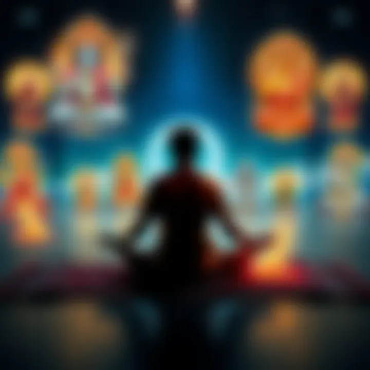 A person sits in meditation, surrounded by images of various deities, symbolizing support for overcoming social anxiety and building confidence