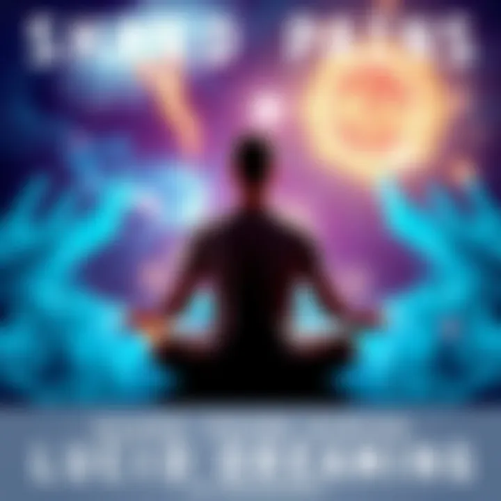 A person sitting cross-legged in meditation with dream-like visuals surrounding them, symbolizing lucid dreaming and experiences of sharp pains.