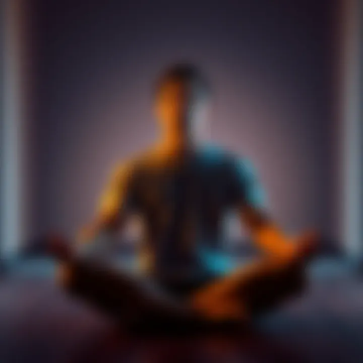 Individual sitting cross-legged in a serene space, eyes closed and a look of concentration, illustrating the calm and focus gained from meditation