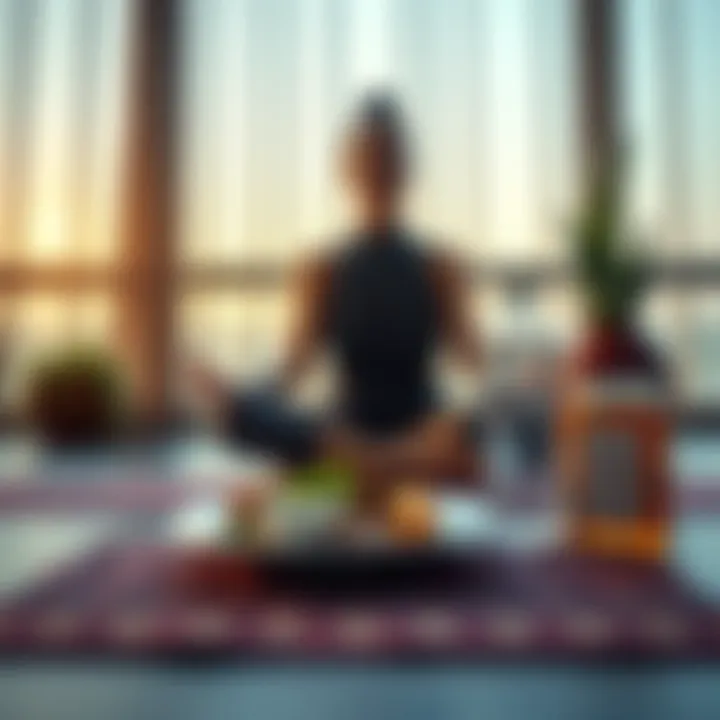 Individual sitting cross-legged in meditation with minimal food and water, reflecting on nutrition and hydration after a kundalini awakening