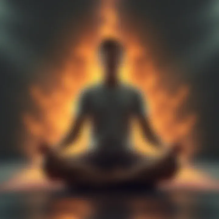 Individual sitting cross-legged in a meditation pose, looking frustrated while attempting to meditate, with a faint aura of spirits around them, capturing the struggle of connecting with the spiritual...
