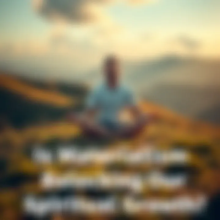 A person sitting cross-legged on a grassy hilltop, surrounded by nature, reflecting on life while looking serene and content.