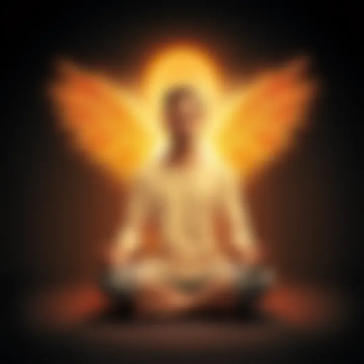 Person meditating with angel light A person sitting cross-legged in meditation, surrounded by a soft glow representing a Holy Guardian Angel, with a serene facial expression, symbolizing spiritual connection.
