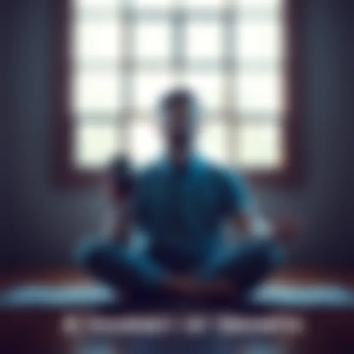 A person sitting cross-legged, meditating with a calm expression, while holding a smartphone showing a habit tracker app.