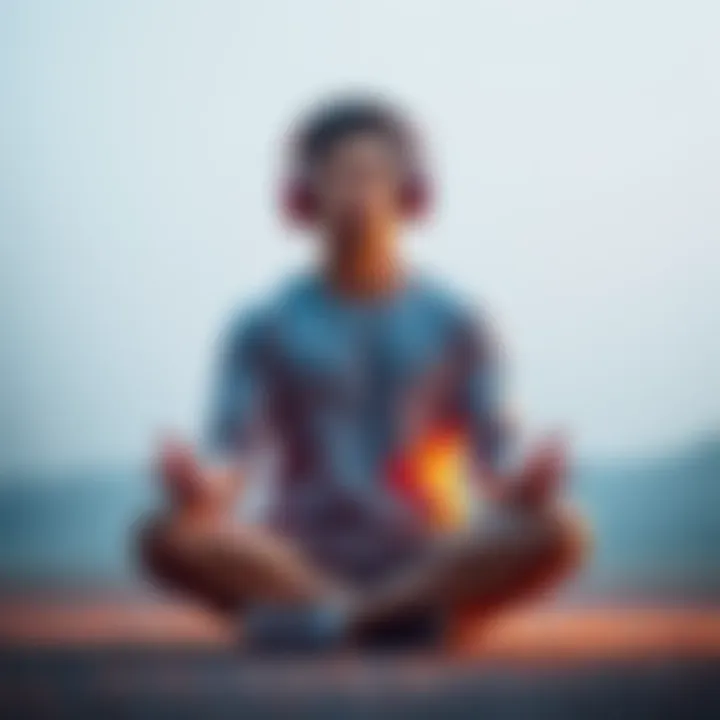Individual sitting cross-legged in a peaceful setting, wearing noise-canceling headphones, with a focused expression during meditation