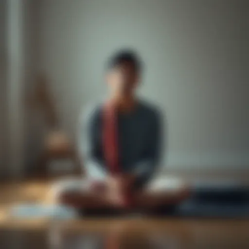 Individual sitting cross-legged on the floor, looking thoughtful while trying to meditate, with a pained expression and a visible support cushion nearby.