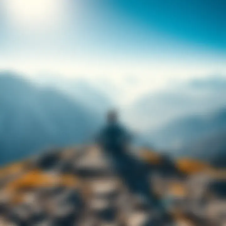 A person sitting cross-legged on a mountain peak, meditating with a serene landscape of snow-capped mountains in the background.