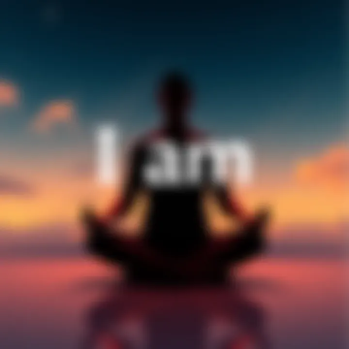 Person meditating with 'I am' text A person sitting cross-legged in meditation, surrounded by a calming environment, with the phrase 'I am' floating above them, symbolizing self-reflection and consciousness exploration.