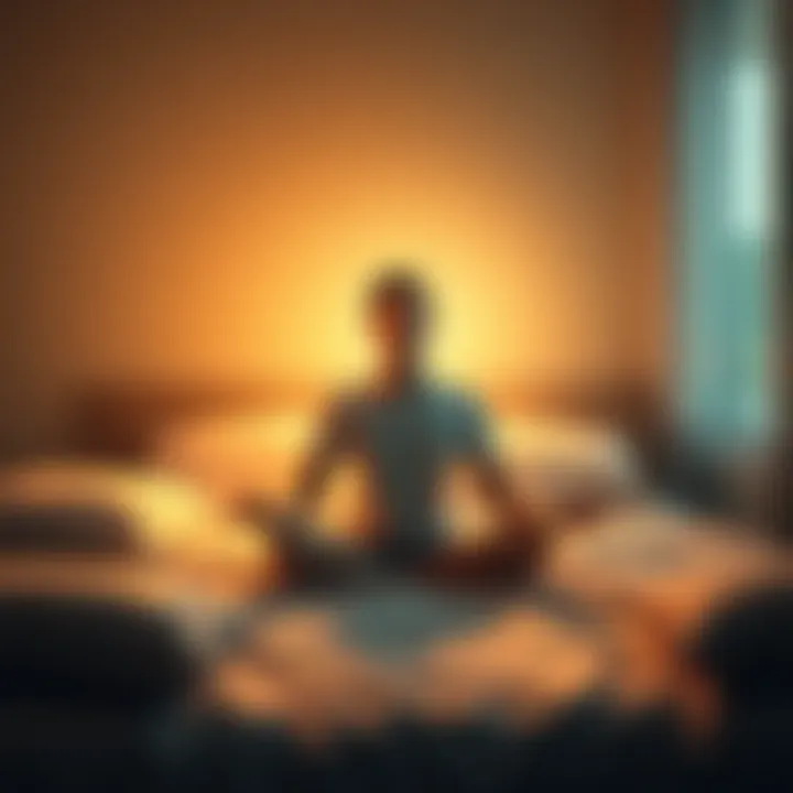 A person sitting cross-legged on a bed surrounded by pillows, eyes closed in meditation, with a soft glow around them symbolizing positive energy and opportunities.