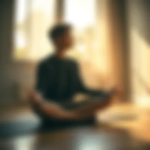 A person sitting cross-legged on a mat, looking thoughtful after meditation, with sunlight streaming through a window.