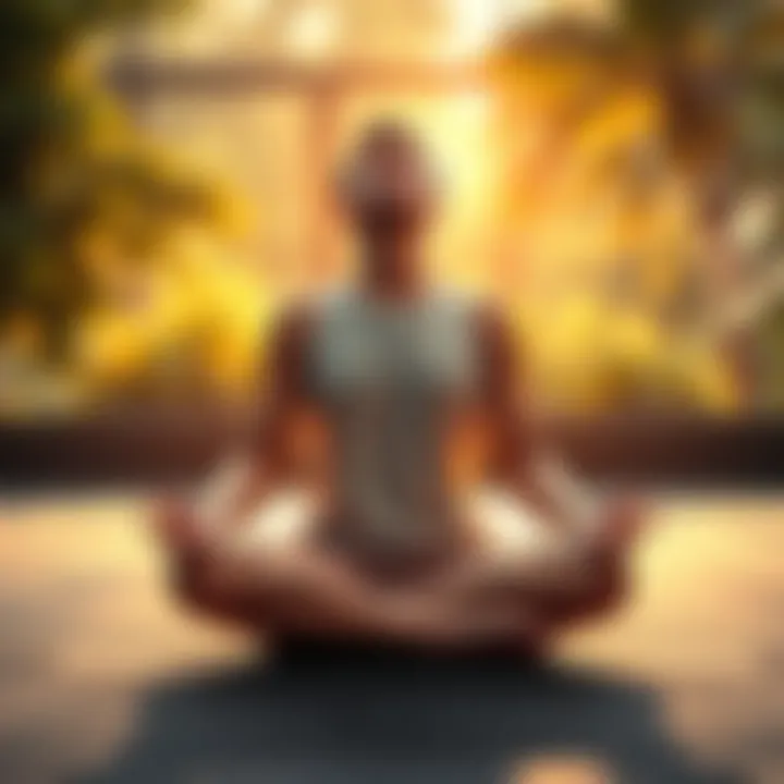 A person sitting cross-legged in a tranquil setting, eyes closed, with a serene expression, embodying calmness and emotional strength.
