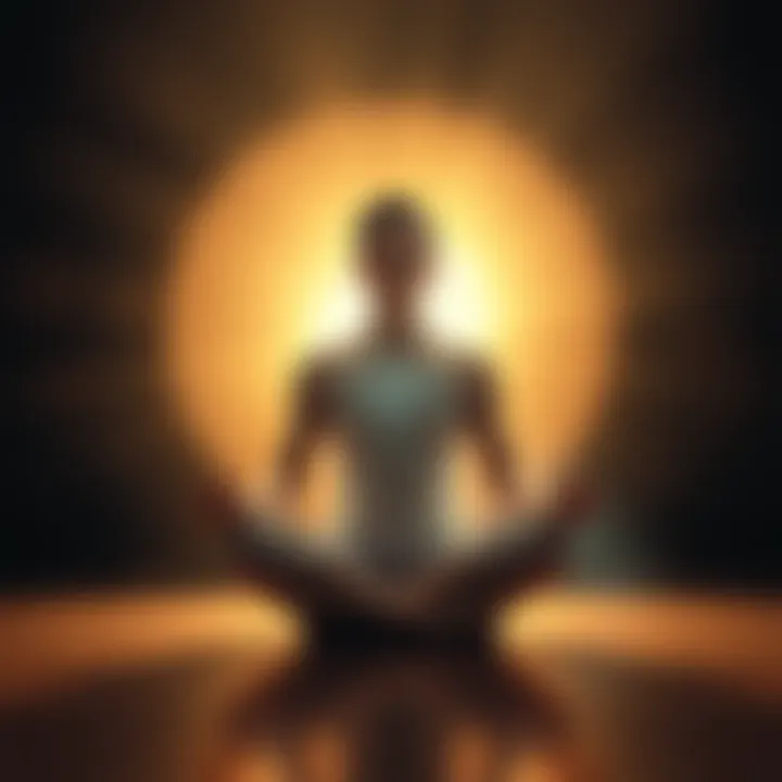 A person sitting cross-legged in meditation, surrounded by a soft glowing light, representing awareness and enlightenment