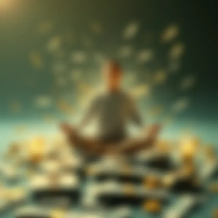 A person sitting cross-legged in meditation surrounded by symbols of money, representing the balance between financial stability and inner peace.