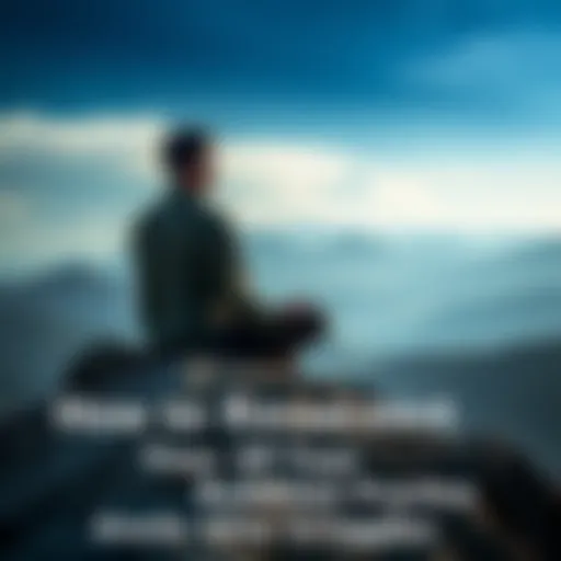 Individual sitting cross-legged on a mountain top, eyes closed in meditation, surrounded by nature