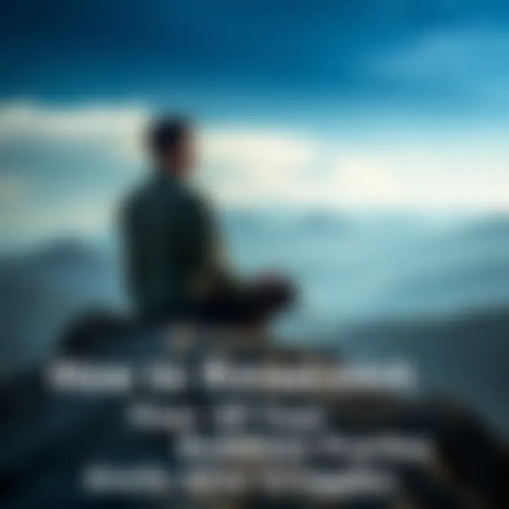 Individual sitting cross-legged on a mountain top, eyes closed in meditation, surrounded by nature