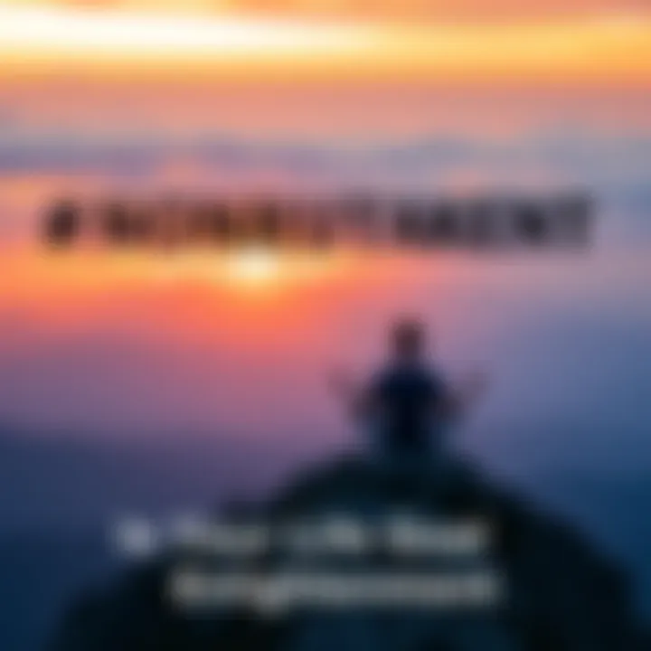 A person sitting cross-legged on a mountain peak, looking out at a vast landscape during sunset, symbolizing the pursuit of enlightenment and personal growth.