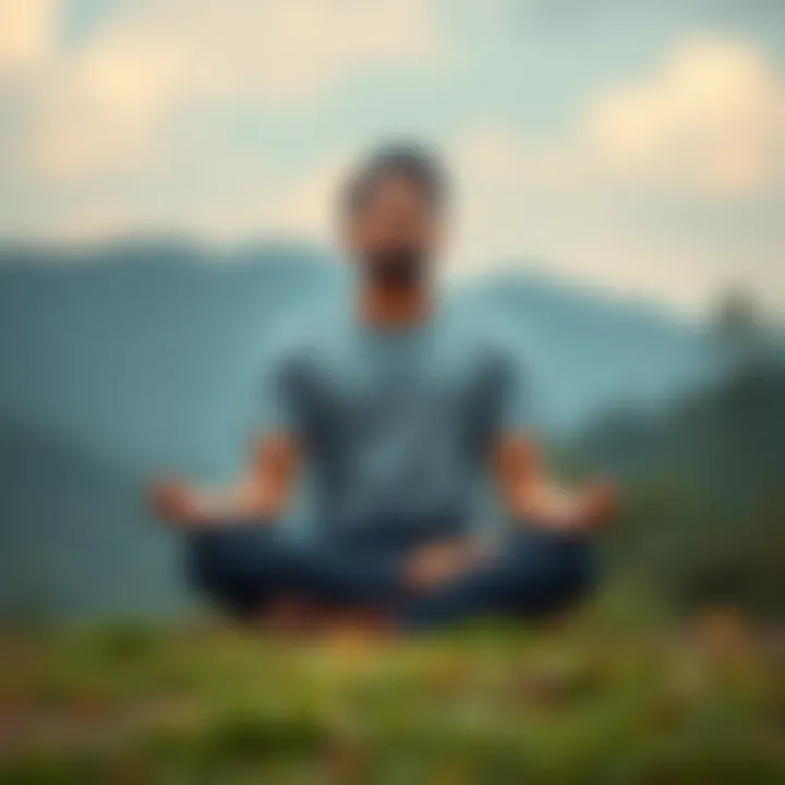 Individual sitting cross-legged in a serene outdoor setting with eyes closed, focusing on meditation, expressing a sense of frustration and contemplation about meditation practice.