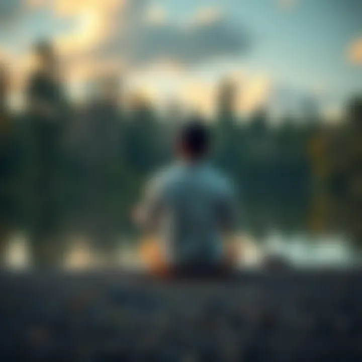 A person sitting cross-legged in a peaceful outdoor environment, surrounded by trees and calm waters, representing the journey of self-discovery and ego death