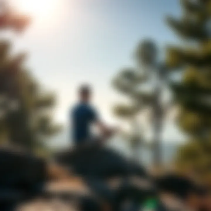 A person sitting cross-legged on a rock, surrounded by trees and sunlight, reflecting on life and seeking enlightenment.