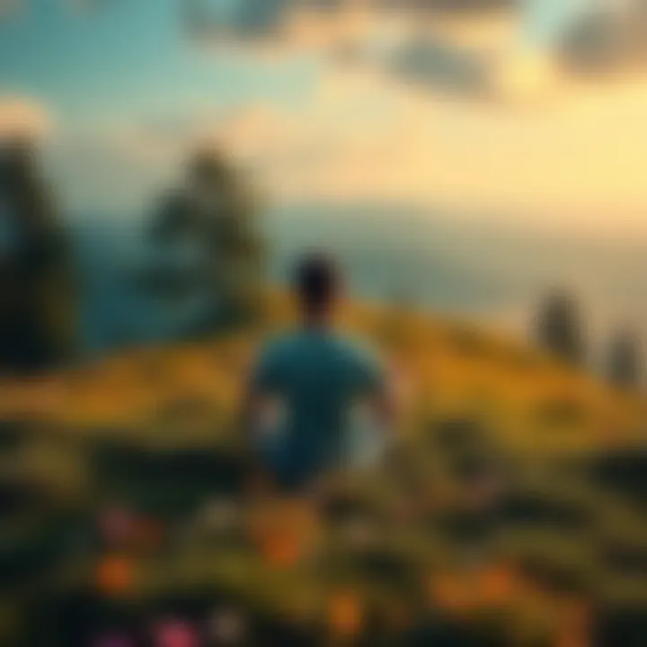 A calm person sitting cross-legged on a grassy hill, surrounded by trees and flowers, reflecting on life.