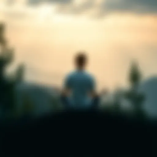 Person meditating in nature A person sitting cross-legged on a mountain top, surrounded by trees, meditating peacefully.