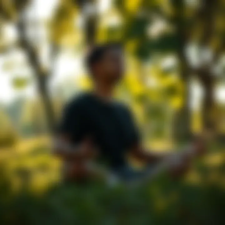 A person sitting cross-legged on the grass, meditating with closed eyes, surrounded by trees and sunlight filtering through leaves.