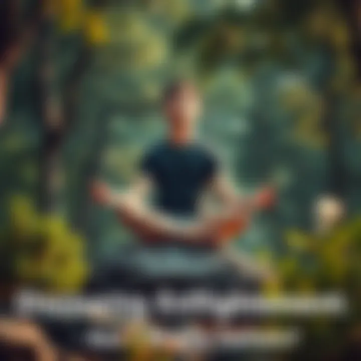 Person meditating in nature A person sitting cross-legged on a rock surrounded by trees, eyes closed in meditation, reflecting on enlightenment and self-awareness.