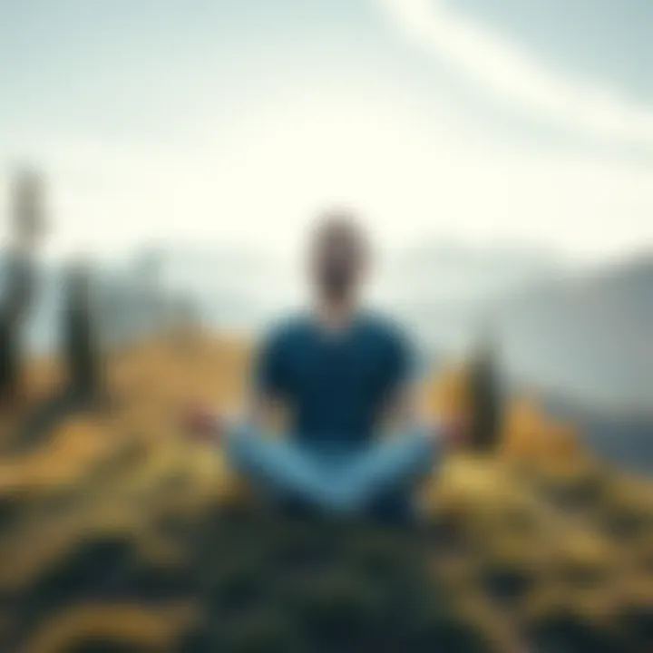 A person sitting cross-legged on a grassy hillside, meditating peacefully with eyes closed, surrounded by trees and mountains in the background.