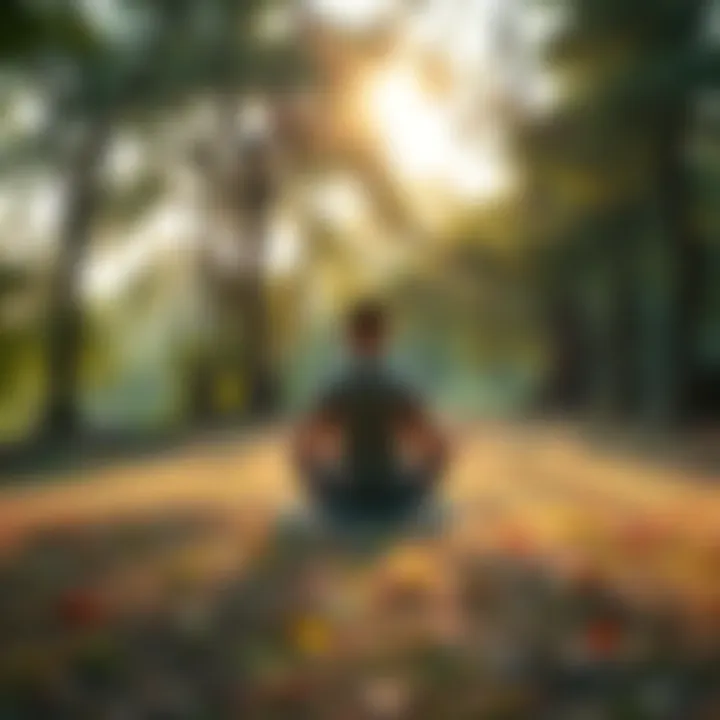 A person sitting cross-legged in a peaceful outdoor setting, surrounded by trees and soft sunlight, practicing Vipassana meditation.