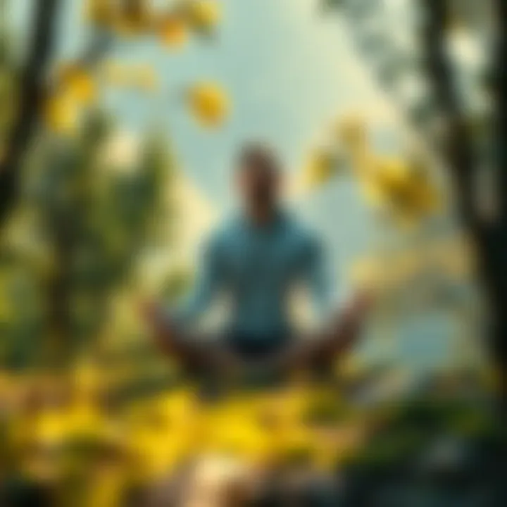 A person sitting cross-legged in a serene natural setting, surrounded by trees and a calm atmosphere, embodying a sense of presence and awareness.