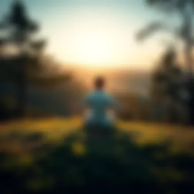 A person sits cross-legged on a serene hillside, surrounded by trees, reflecting on their life choices and seeking peace through meditation.