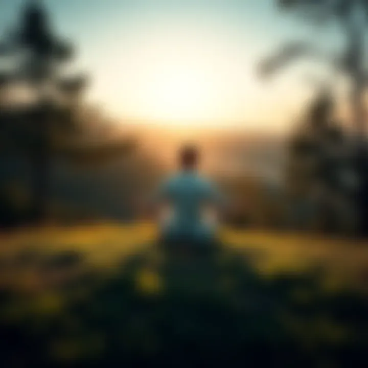 A person sits cross-legged on a serene hillside, surrounded by trees, reflecting on their life choices and seeking peace through meditation.