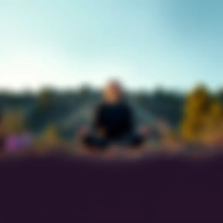 A person sits cross-legged in a peaceful natural setting, eyes closed, focusing on their breath under a clear sky.