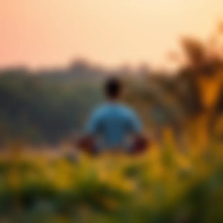 A person sits cross-legged in nature, practicing mindfulness while waiting for relationship goals, with trees and a soft sunset in the background.