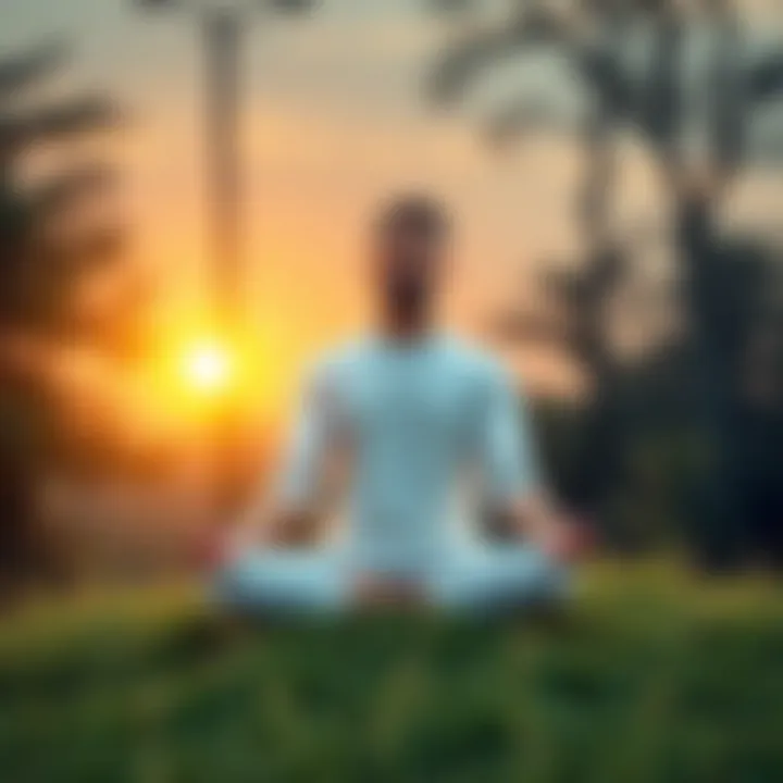 Individual sitting cross-legged on a grassy hill, with a serene expression, surrounded by trees and a soft sunset glow, symbolizing spiritual awakening and authenticity.