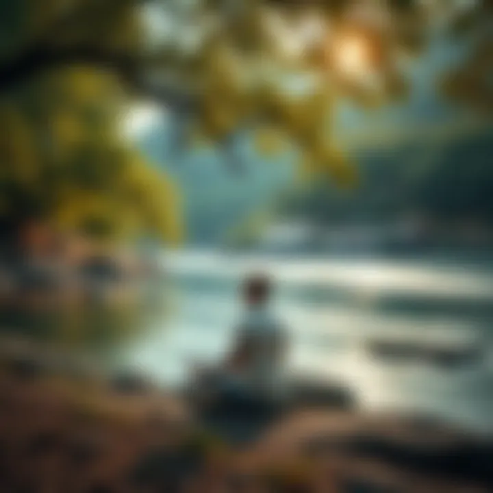Individual sitting peacefully on a rock by a river, practicing meditation amidst trees and greenery, reflecting on emotions of anger and forgiveness.