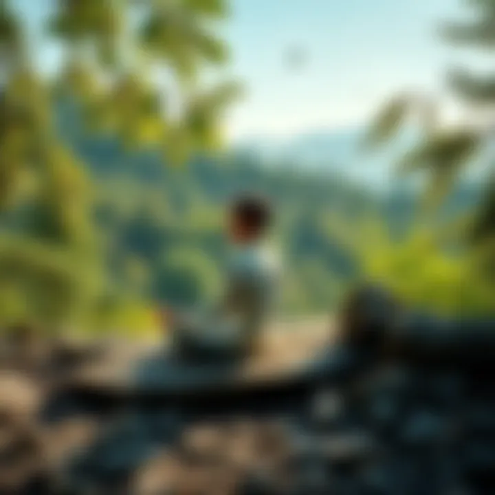 A calm individual sitting cross-legged on a rocky surface, surrounded by lush greenery, reflecting on their thoughts and emotions.