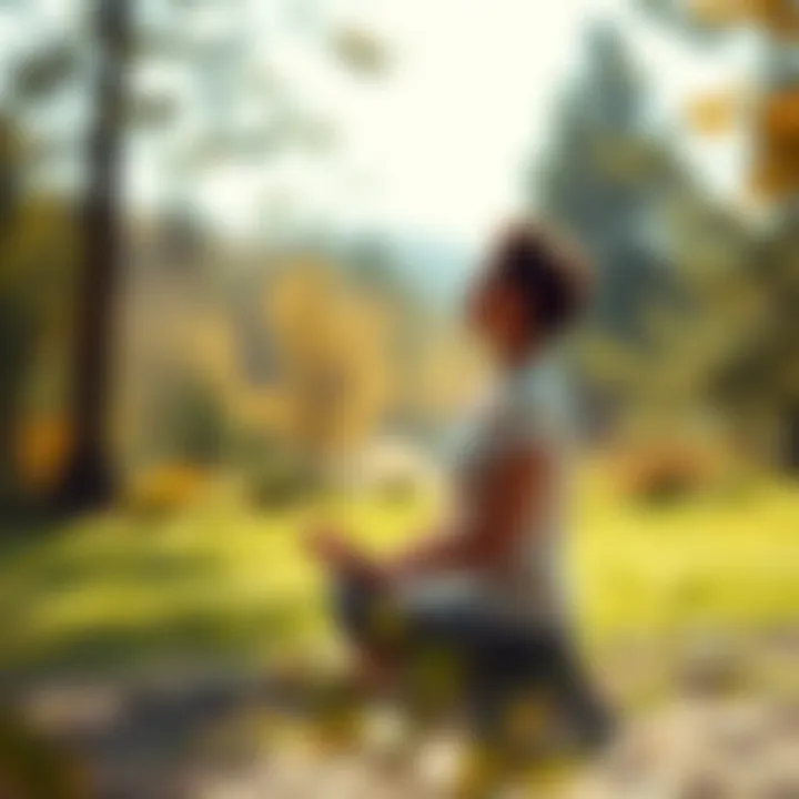 Person meditating in nature A person sitting cross-legged in a peaceful outdoor setting, surrounded by trees and sunlight, reflecting on enlightenment and spiritual growth.