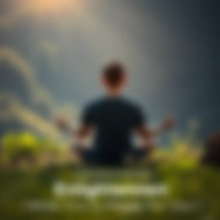 A person sits cross-legged in a peaceful natural setting, reflecting on their thoughts and seeking self-awareness for enlightenment.