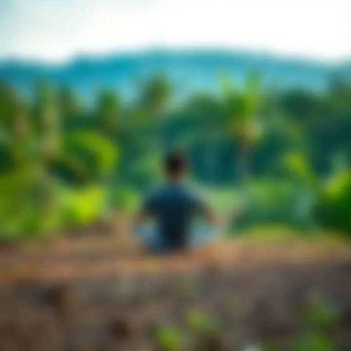 A person sitting cross-legged in a tranquil outdoor setting, practicing meditation and focusing on letting go of distractions, surrounded by greenery and calmness.
