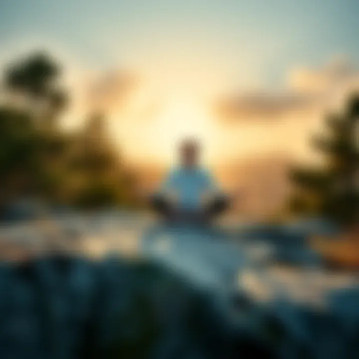 Individual sitting cross-legged on a rock in a tranquil natural setting, practicing meditation with a peaceful expression.